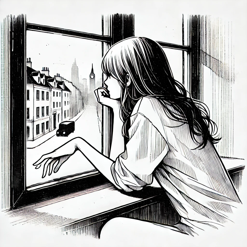 Black and white illustration of a girl gazing out of a window with a melancholic expression, reflecting solitude and longing.