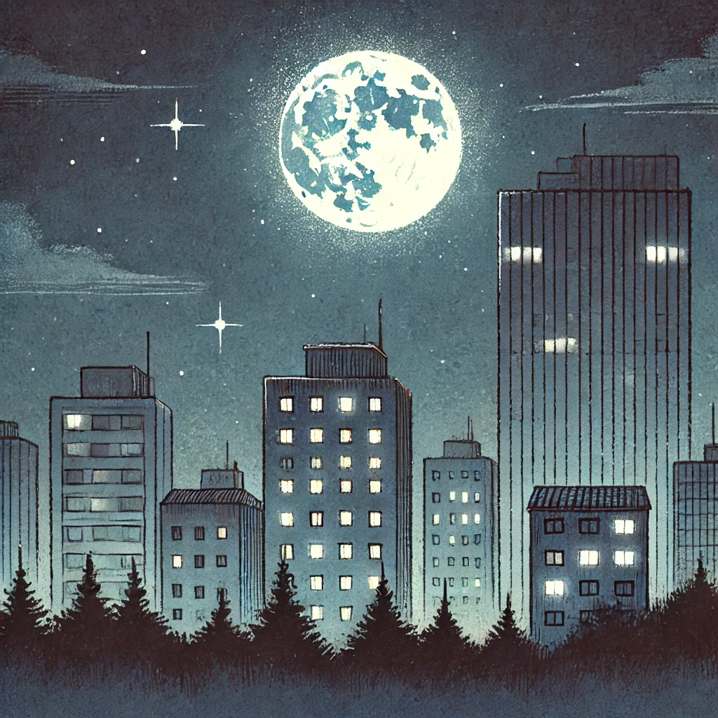 A peaceful nighttime cityscape with glowing windows, a bright full moon, and scattered stars in the sky.