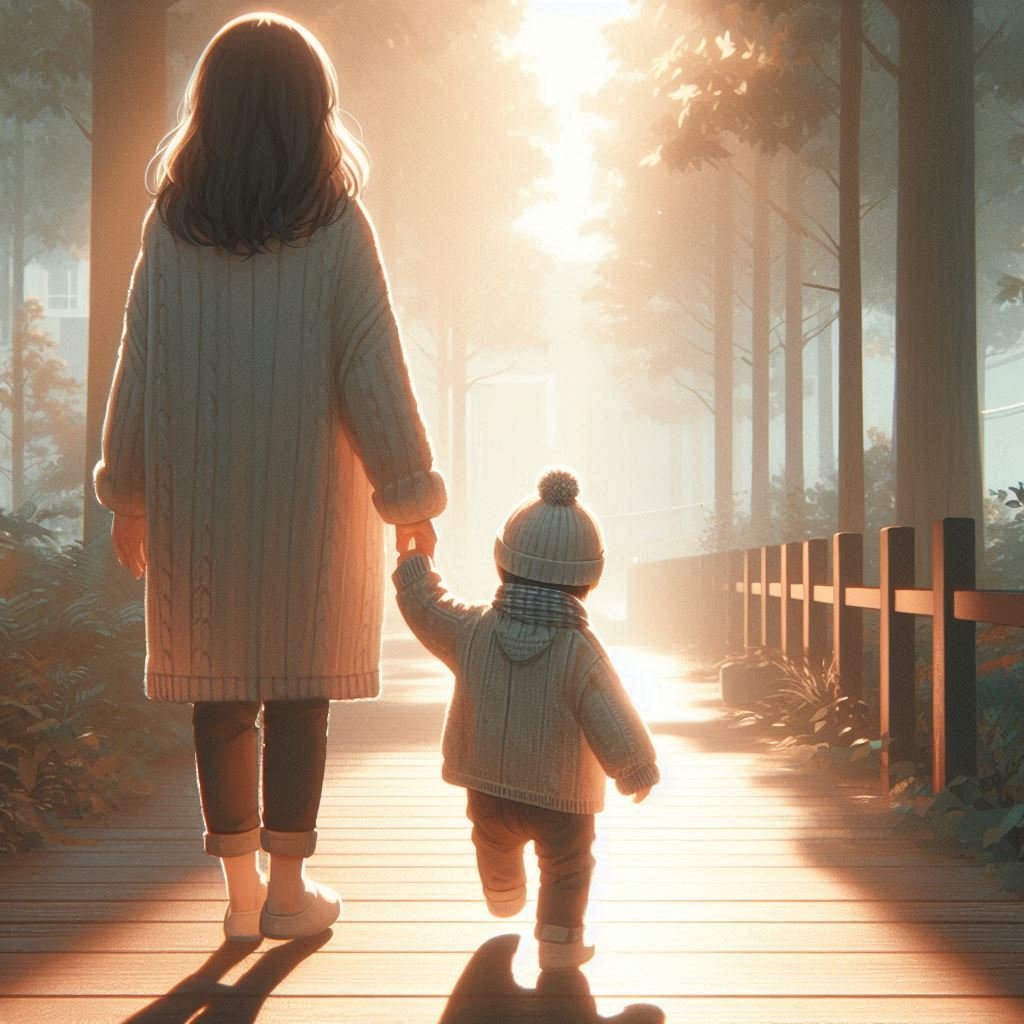 A mother and child walking hand in hand on a sunlit pathway, wrapped in warm winter clothes, symbolizing love, care, and the journey of motherhood.