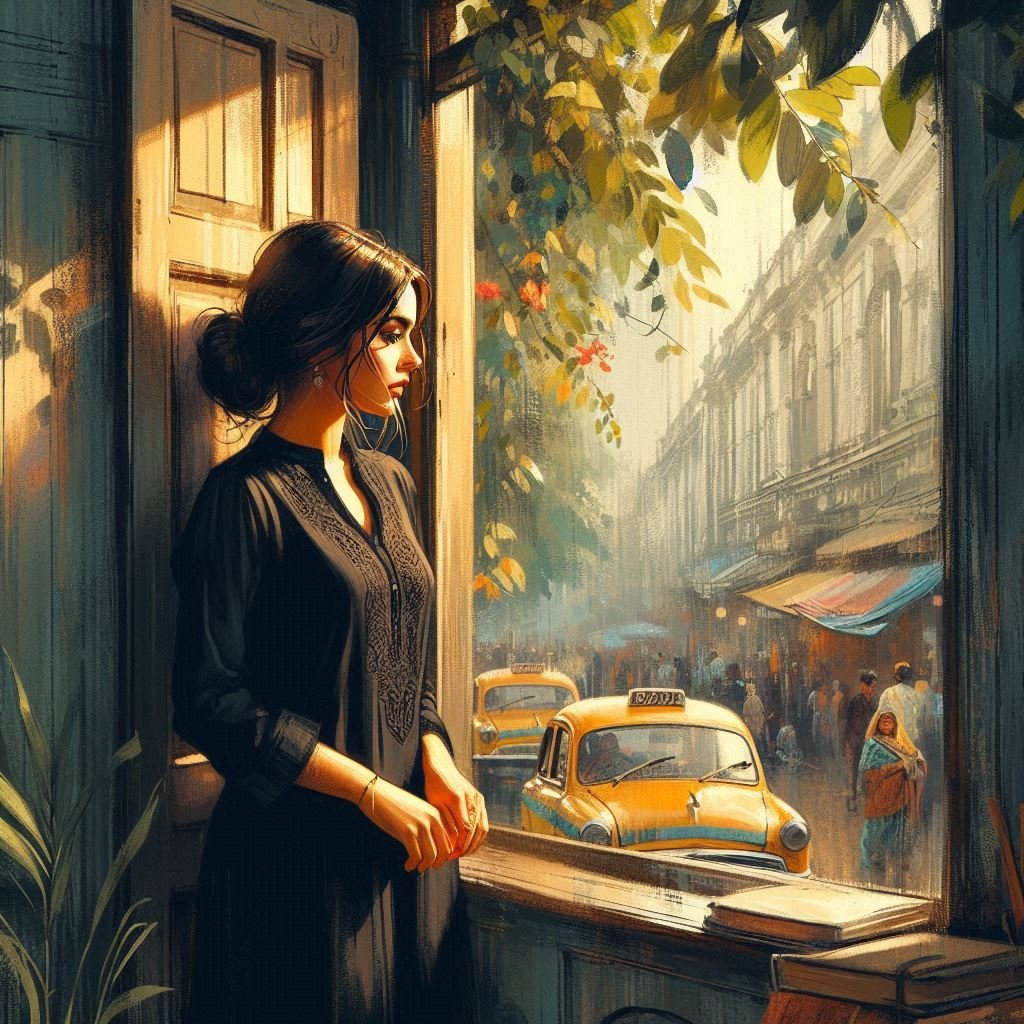 A woman in a black dress gazes out of a window at a bustling street, lost in deep thought as golden sunlight filters through the leaves.