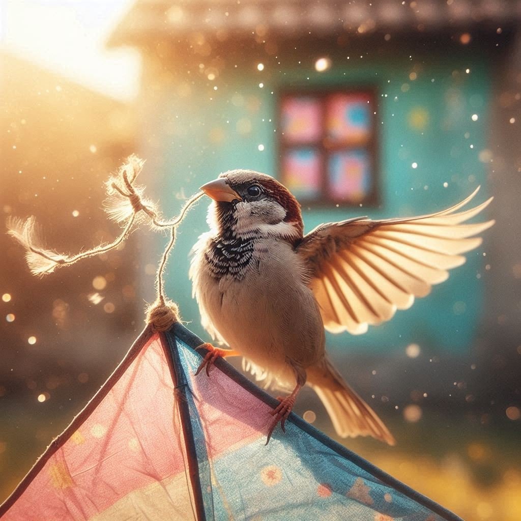 A sparrow perched on a broken kite, pulling a loose string, with a colorful window in the background.
