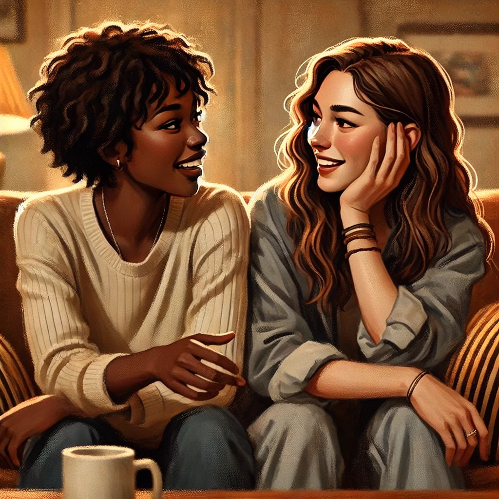 Illustration of two young women laughing and chatting joyfully, capturing the essence of deep friendship and happiness.