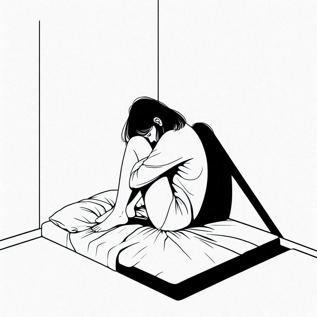 A minimalist black-and-white line art of a girl sitting curled up in a corner of her bed, facing the wall, symbolizing emotional pain and longing.