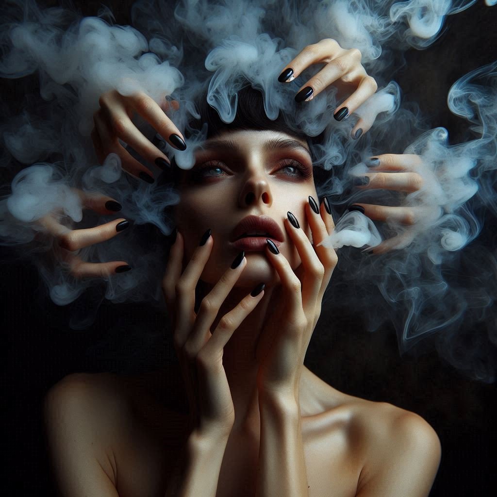 A woman with short black-painted nails gazes upward as smoke swirls around her face and hands, evoking feelings of solitude, silence, and emotional entrapment.