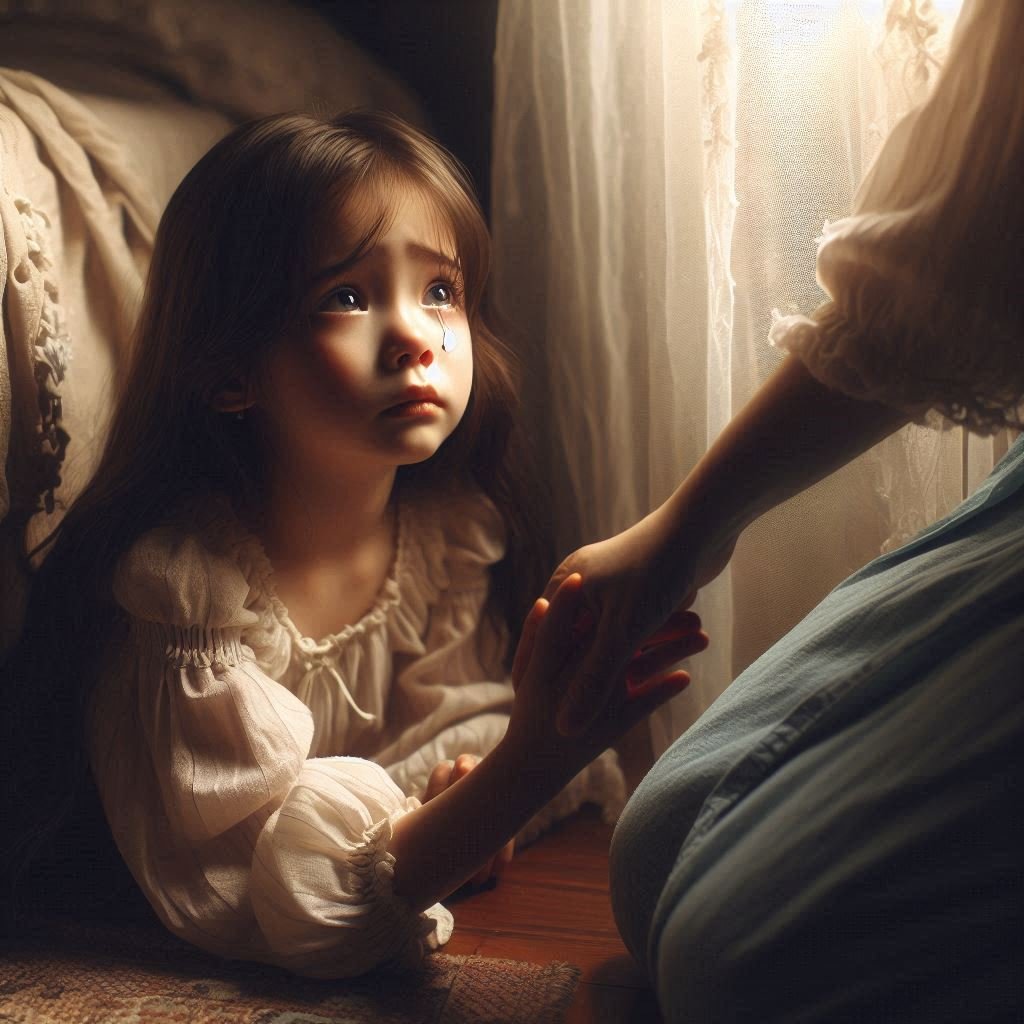 A teary-eyed girl holding a woman’s hand beside a softly lit window.