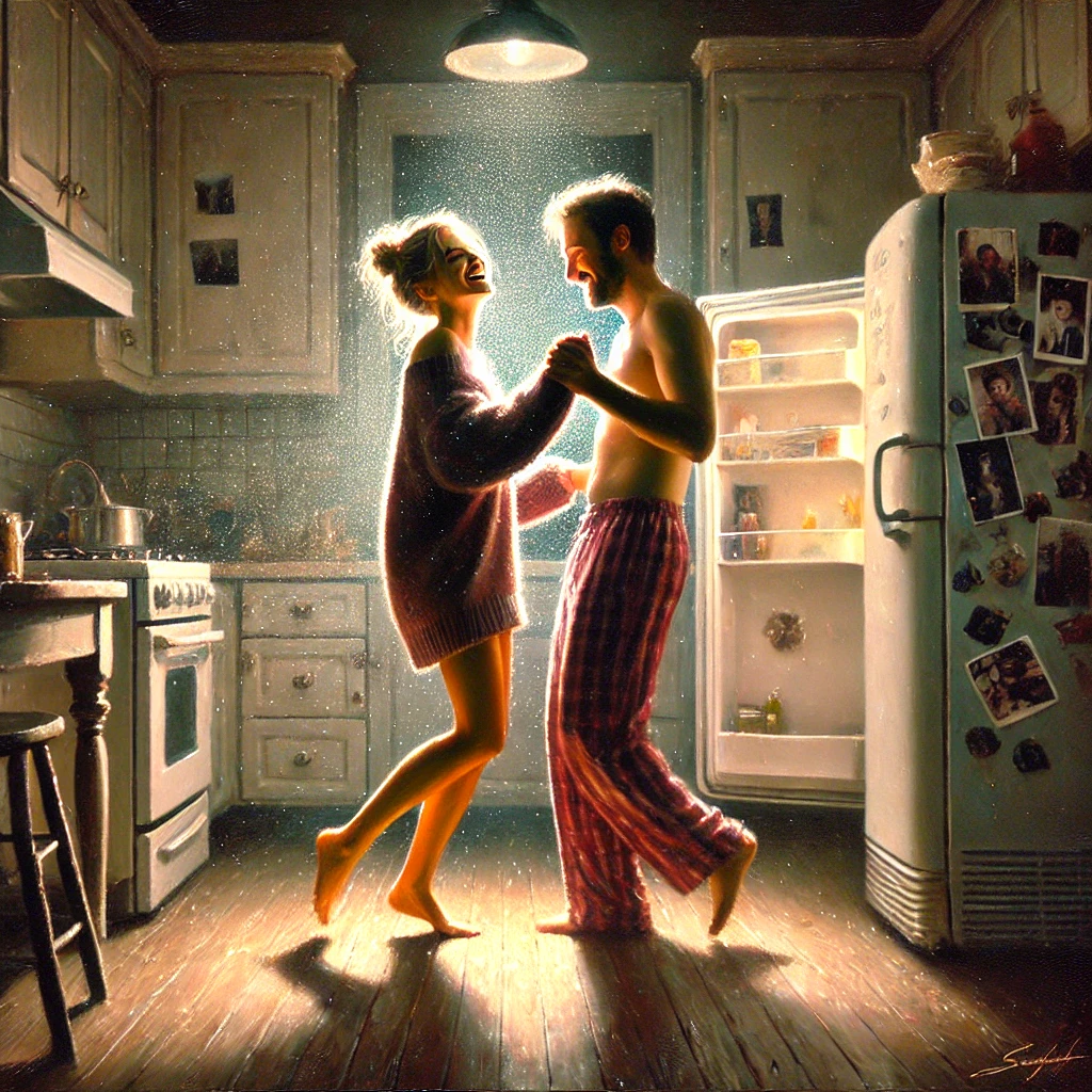 A barefoot couple dances tenderly in a warmly lit kitchen at midnight, sharing a quiet, intimate moment of joy and love.