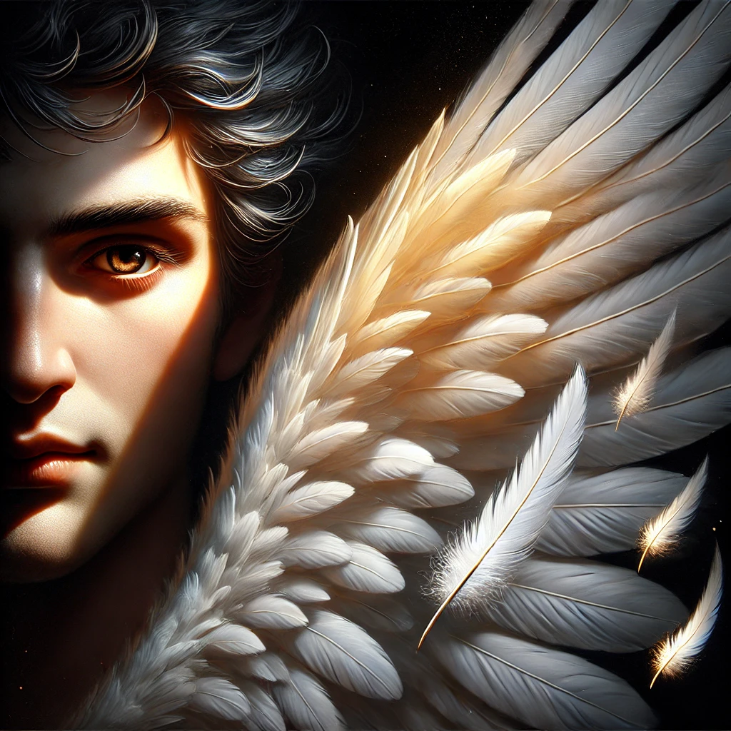 A close-up of the archangel Gabriel, showing the right half of his face with intense raven-like eyes and a glowing white wing.