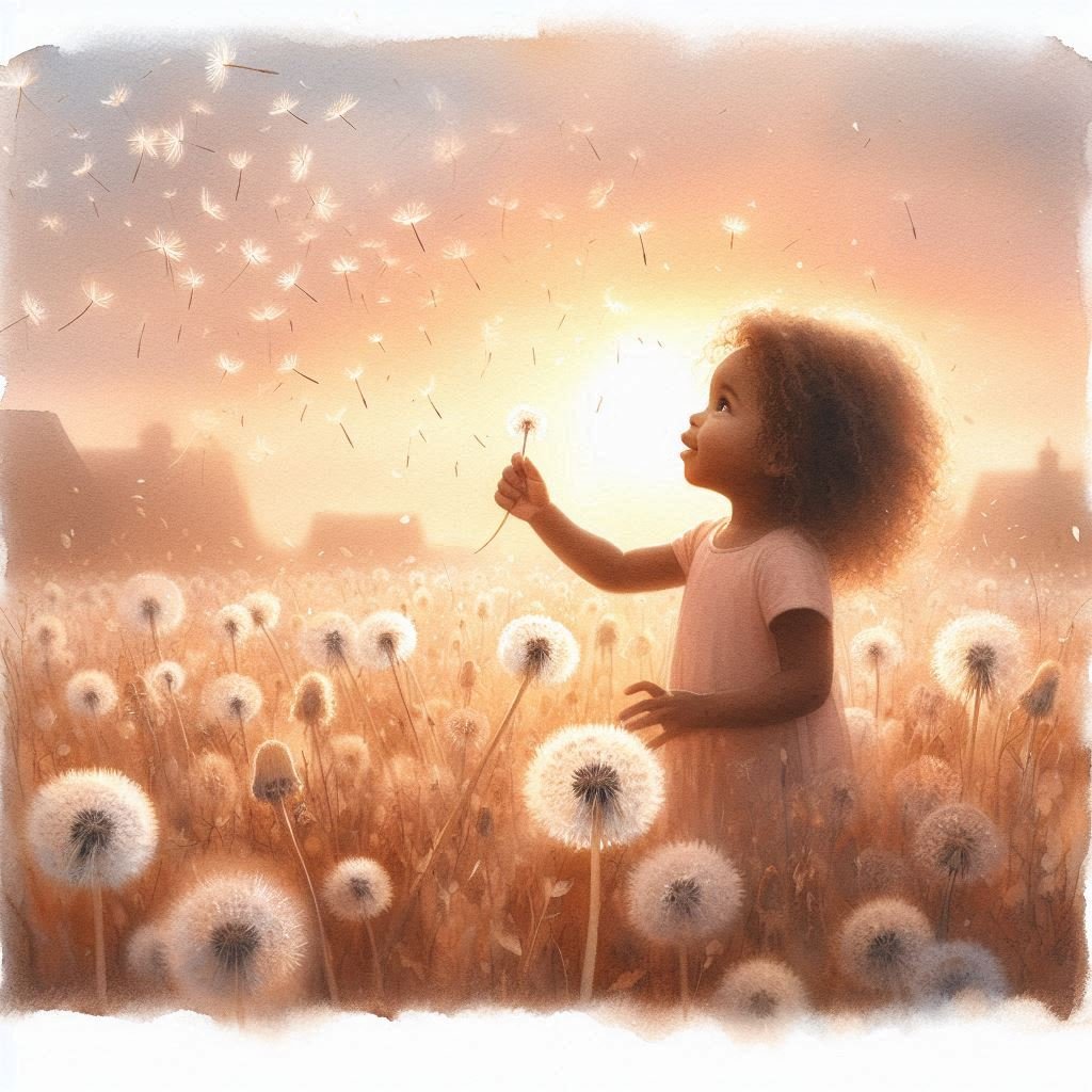 A young brown girl in a golden dandelion field at sunrise, gazing upward as petals float around her in soft morning light.