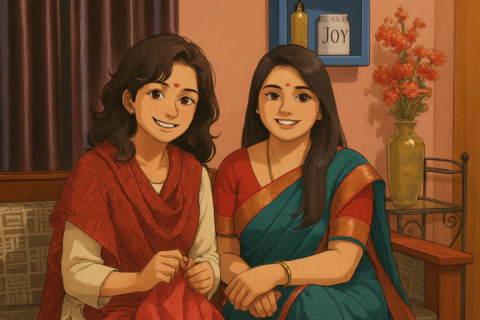 Poet Devyani Narayan smiling with her mother, both seated in a warm, homely setting, dressed in traditional Indian attire.