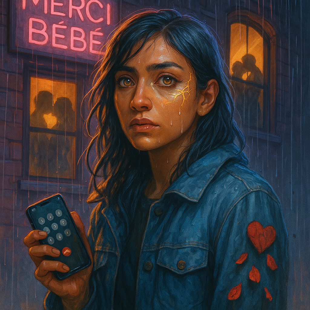 llustration of a heartbroken woman in the rain holding a phone, inspired by the poem 'Hazel Eyes' by Devyani Narayan. A powerful portrayal of emotional vulnerability, love, and longing.