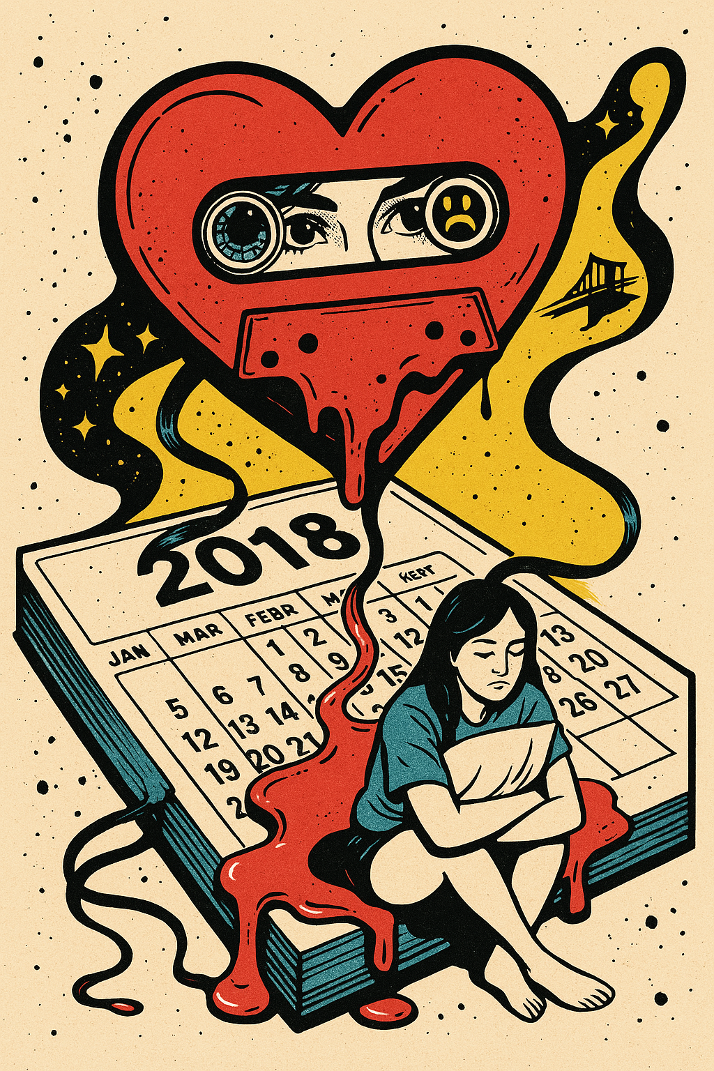 Artistic illustration of a girl beside a 2018 calendar, a heart-shaped cassette symbolizing memory and heartbreak.