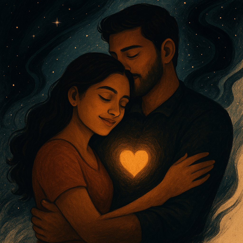 Illustration of an Indian couple embracing under a starry night sky, symbolizing emotional and romantic intimacy