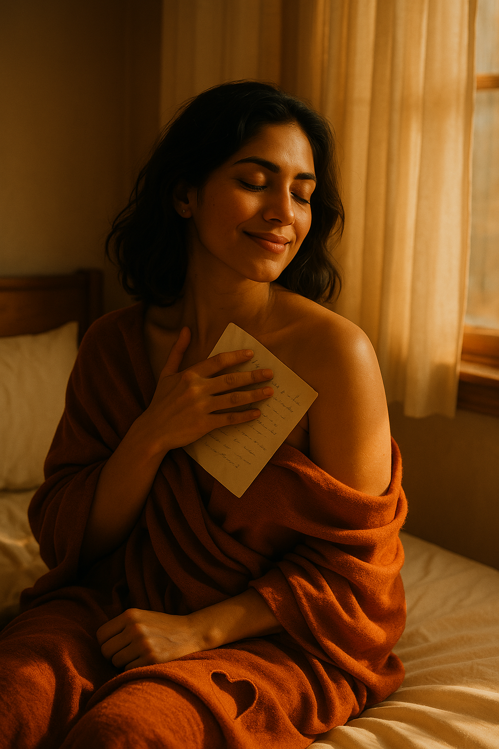 Woman wrapped in a warm brown blanket, holding a handwritten letter to her chest with eyes closed and a peaceful smile