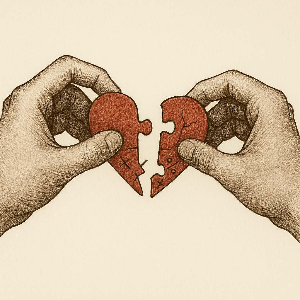 Two hands holding broken heart-shaped jigsaw puzzle pieces, symbolizing a failed relationship.