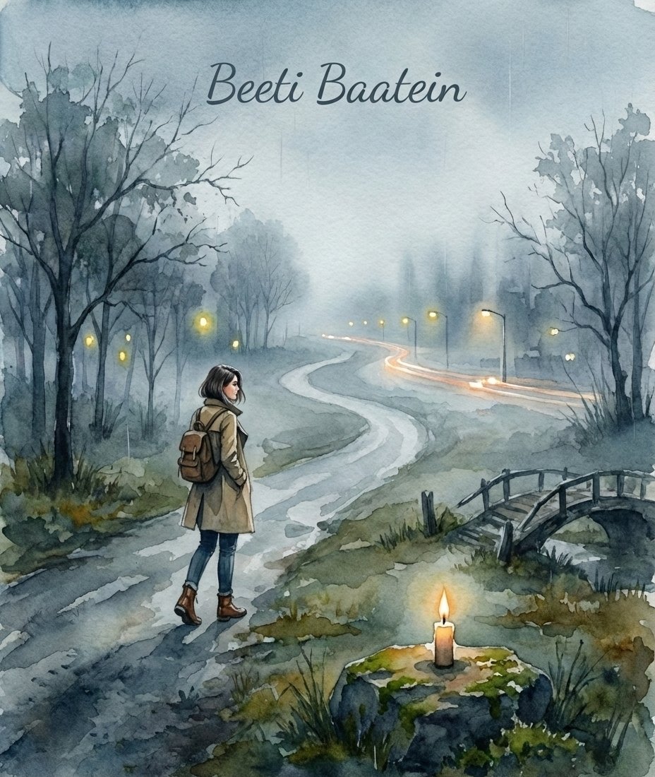 A watercolor illustration of a woman walking alone on a misty road with a candle glowing nearby, symbolising nostalgia, longing, and memories from the Hindi poem Beeti Baatein.